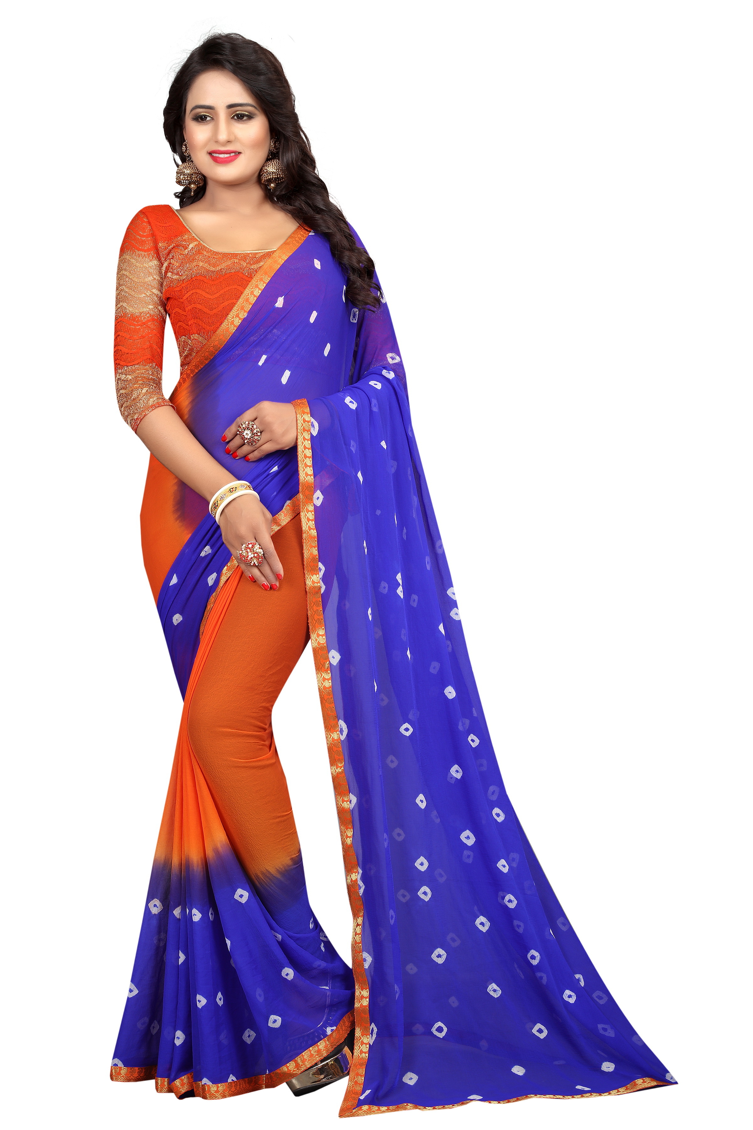 New Fancy Looking Chiffon Bandhani Saree - Silk 5.50 Mtrs Length Multicolour | Printed Pattern With Patch Work Detailing