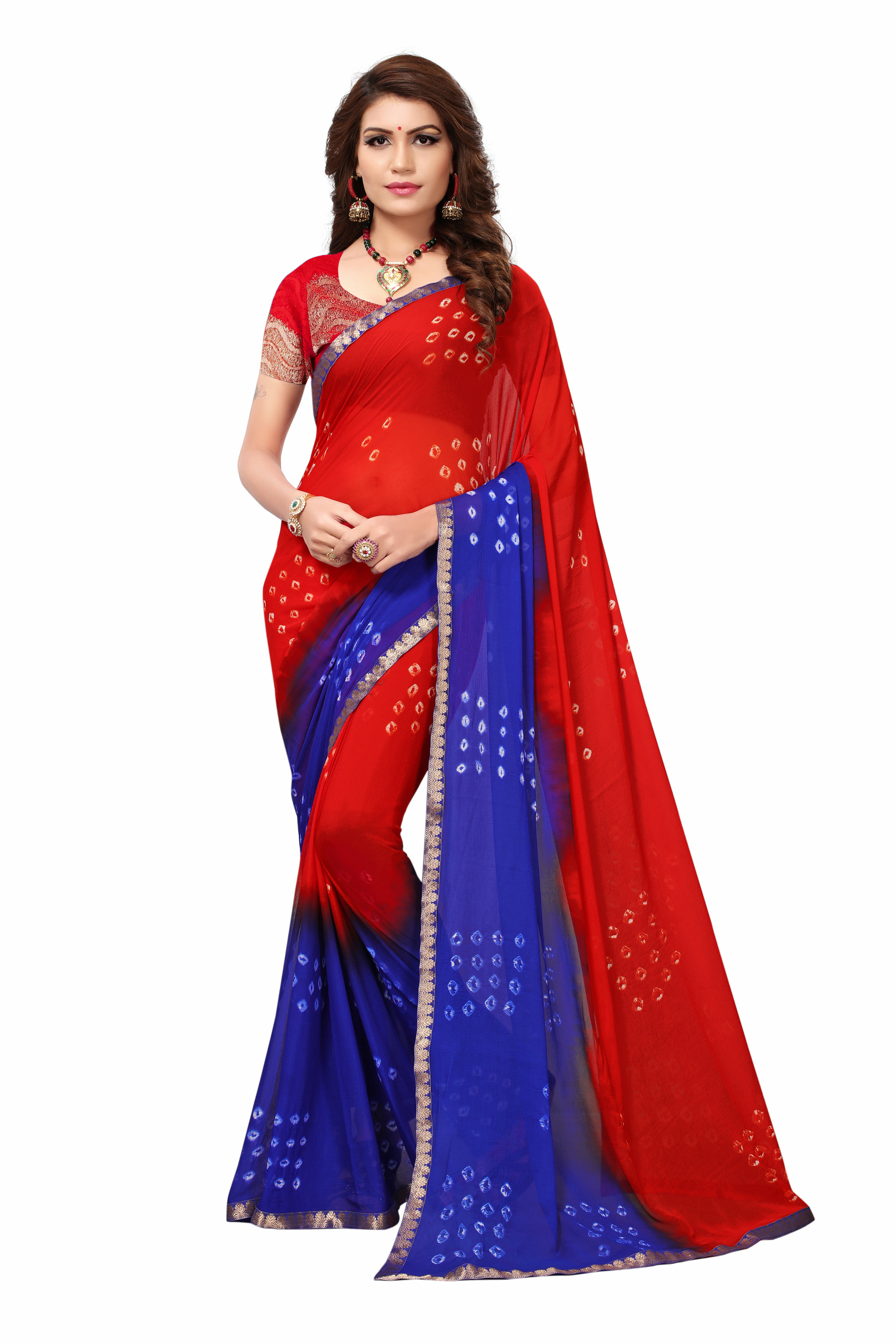 New Fancy Looking Chiffon Bandhani Saree - Silk 5.50 Mtrs Length Multicolour | Printed Pattern With Patch Work Detailing