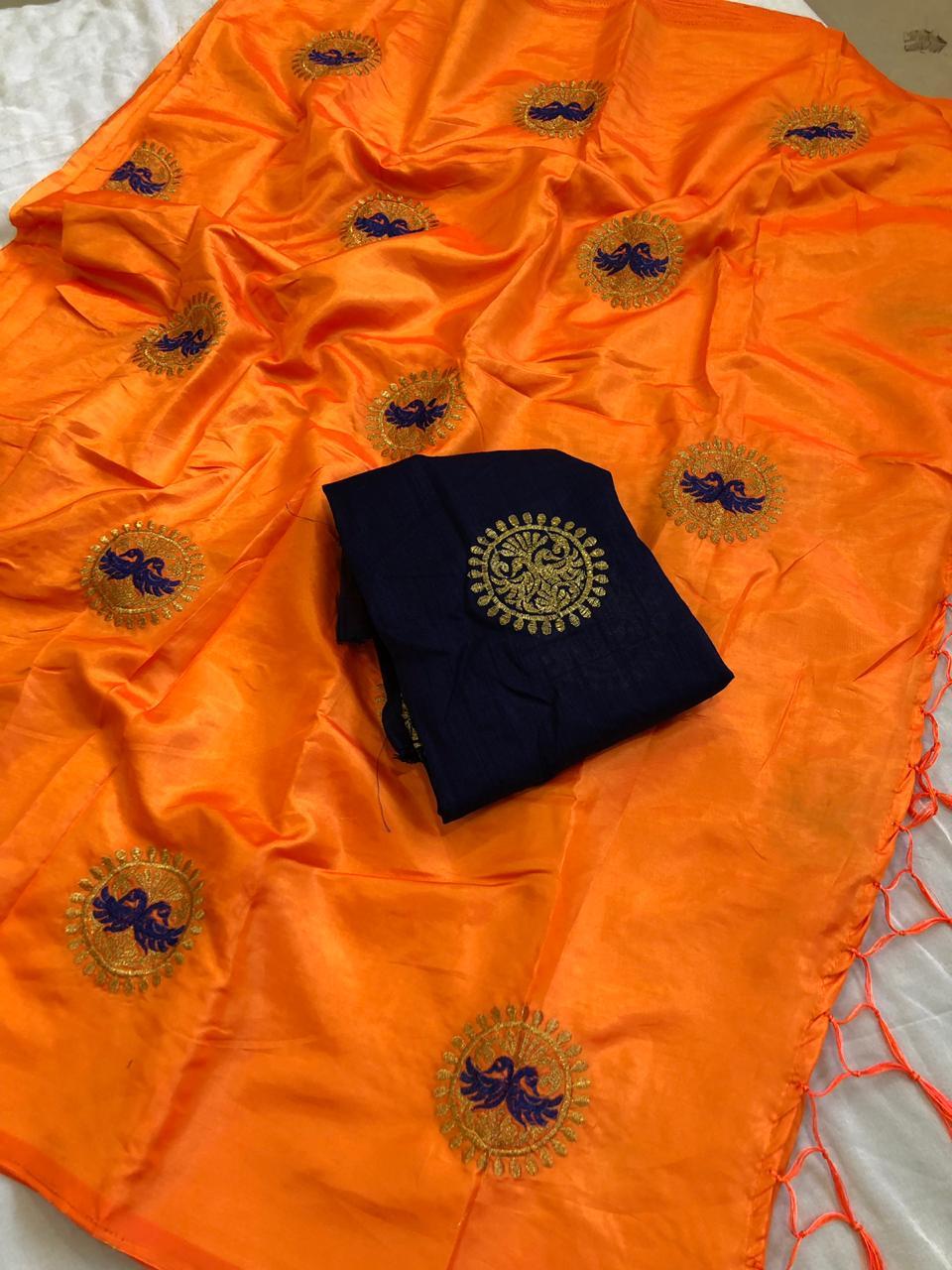 New Roshini Design Embroided Saree - Art Silk Fabric 5.5 Mtr, Multicolor, Embroidered Pattern, Lace Closure, Cotton Silk Material, Thread Work Style