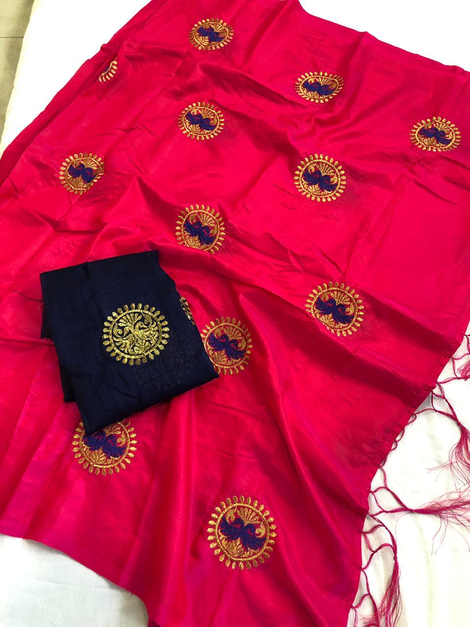 New Roshini Design Embroided Saree - Art Silk Fabric 5.5 Mtr, Multicolor, Embroidered Pattern, Lace Closure, Cotton Silk Material, Thread Work Style