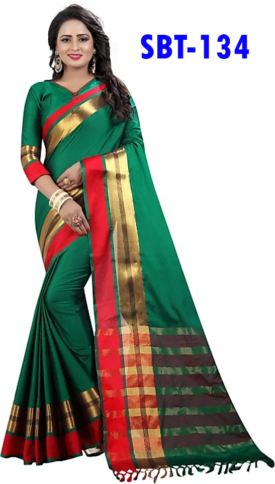 New Soft Cotton Silk Saree With Fancy Jhalar - 5.5 Mtr Length, 0.8 Mtr Blouse | Multicolour, Striped Pattern, Patch Work Details