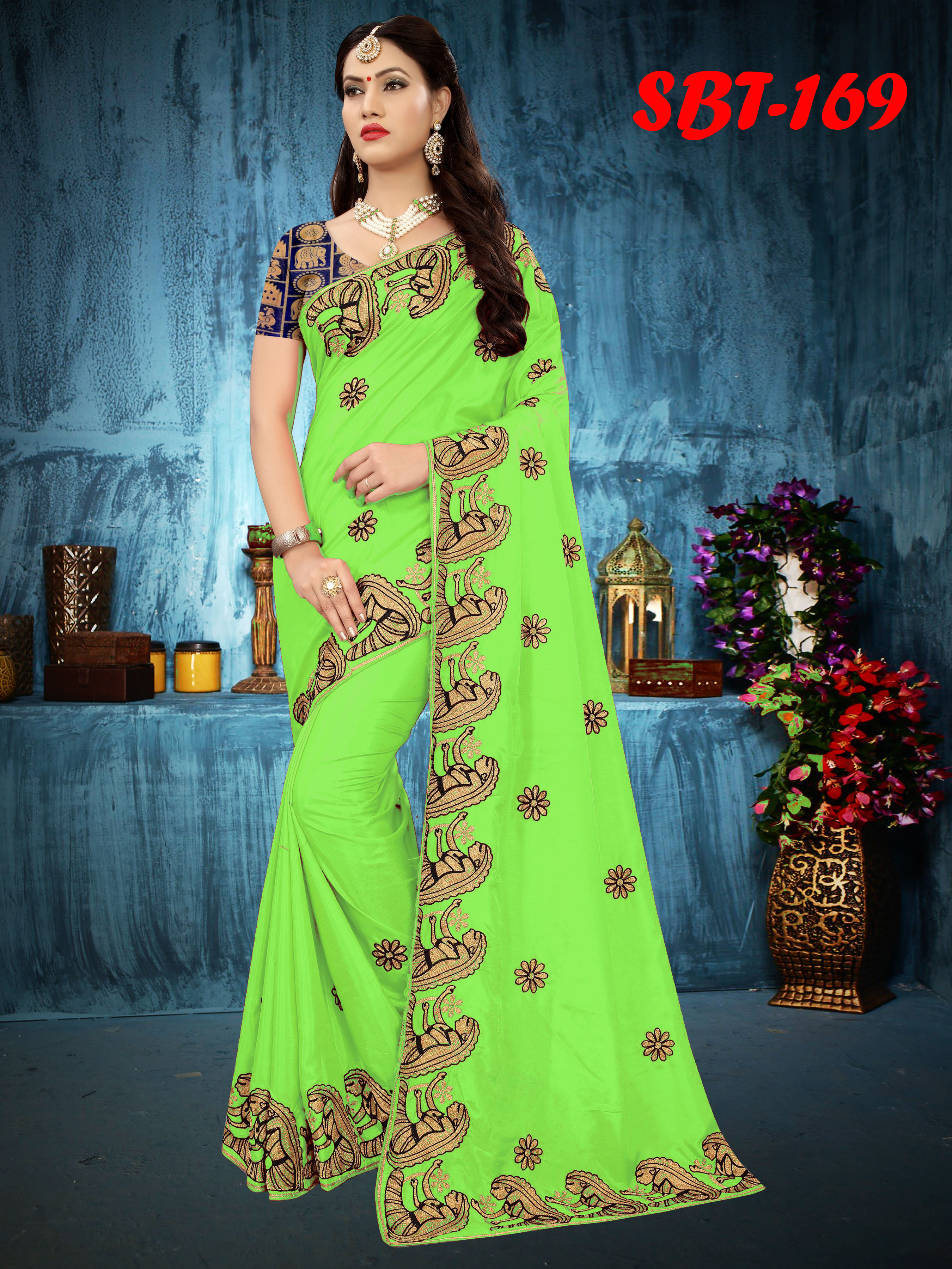 Heavy Embroidery Work Sana Silk Saree - Material: Art Silk, Length: 5.5 Mtr, Blouse Length: 0.8 Mtr, Color: Multicolour, Closure: Laces, Pattern: Embroidered