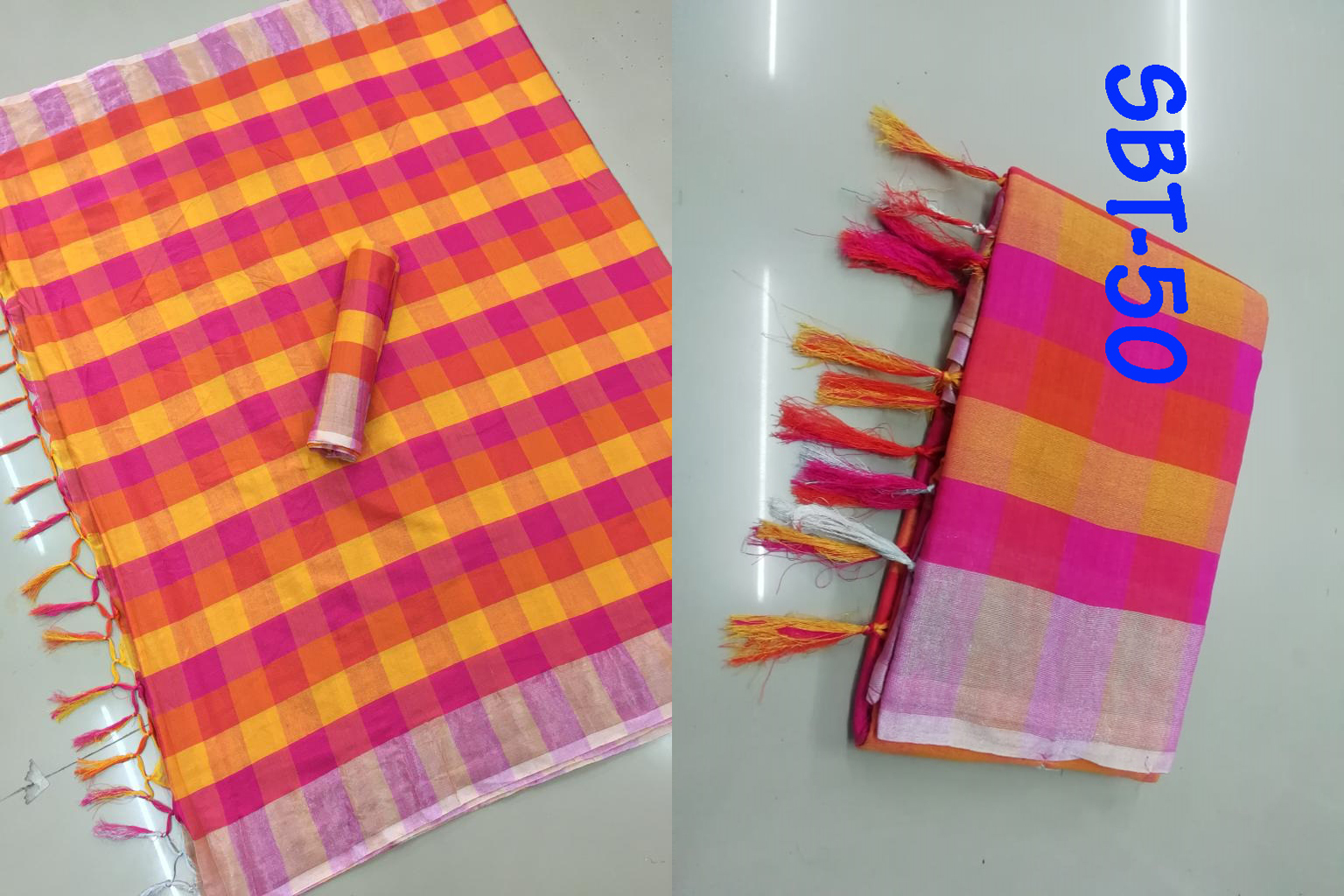 Checks Printed Saree - Cotton And Silk Blend, 5.5 Mtr Length With 0.8 Mtr Blouse | Multicolor Pattern, Traditional South Indian Style