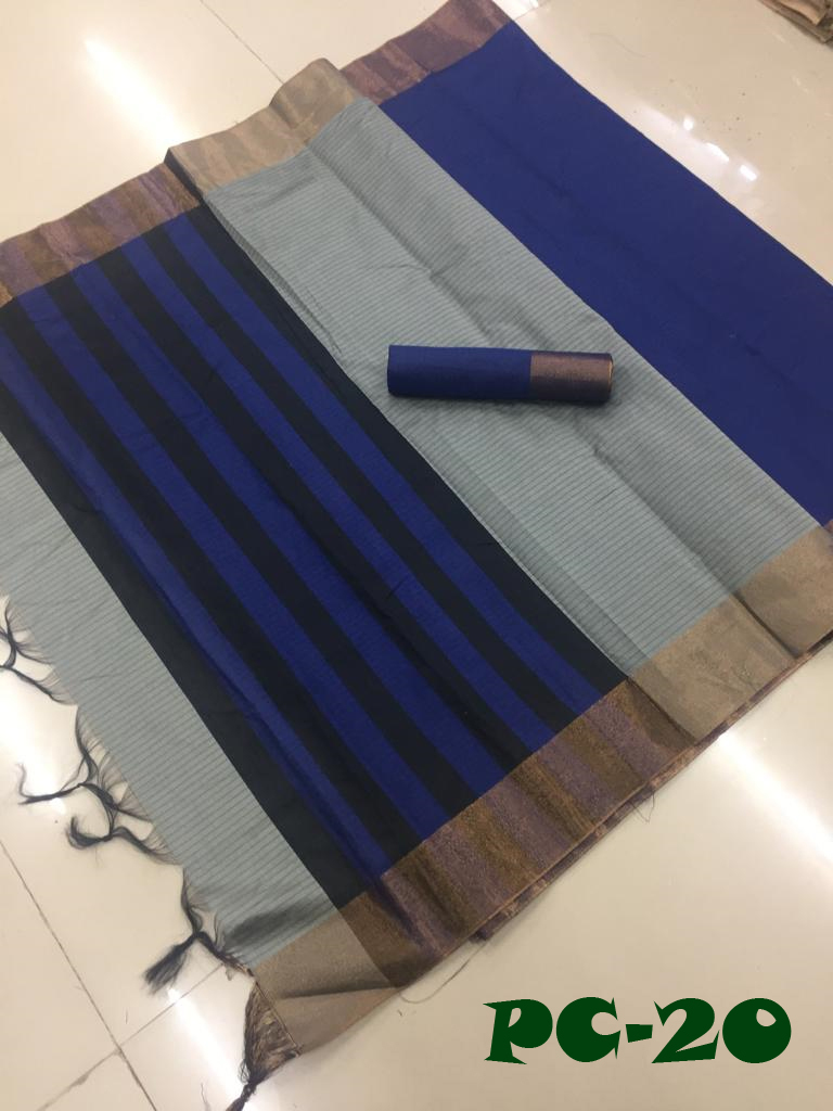 Poly Soft Cotton Saree - Medium Soft Cotton 5.5 Mtr Length Multicolour Striped Pattern Patch Work Detail Lace Closure Style