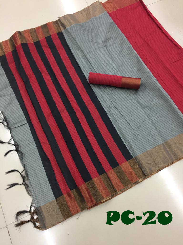 Poly Soft Cotton Saree - Medium Soft Cotton 5.5 Mtr Length Multicolour Striped Pattern Patch Work Detail Lace Closure Style