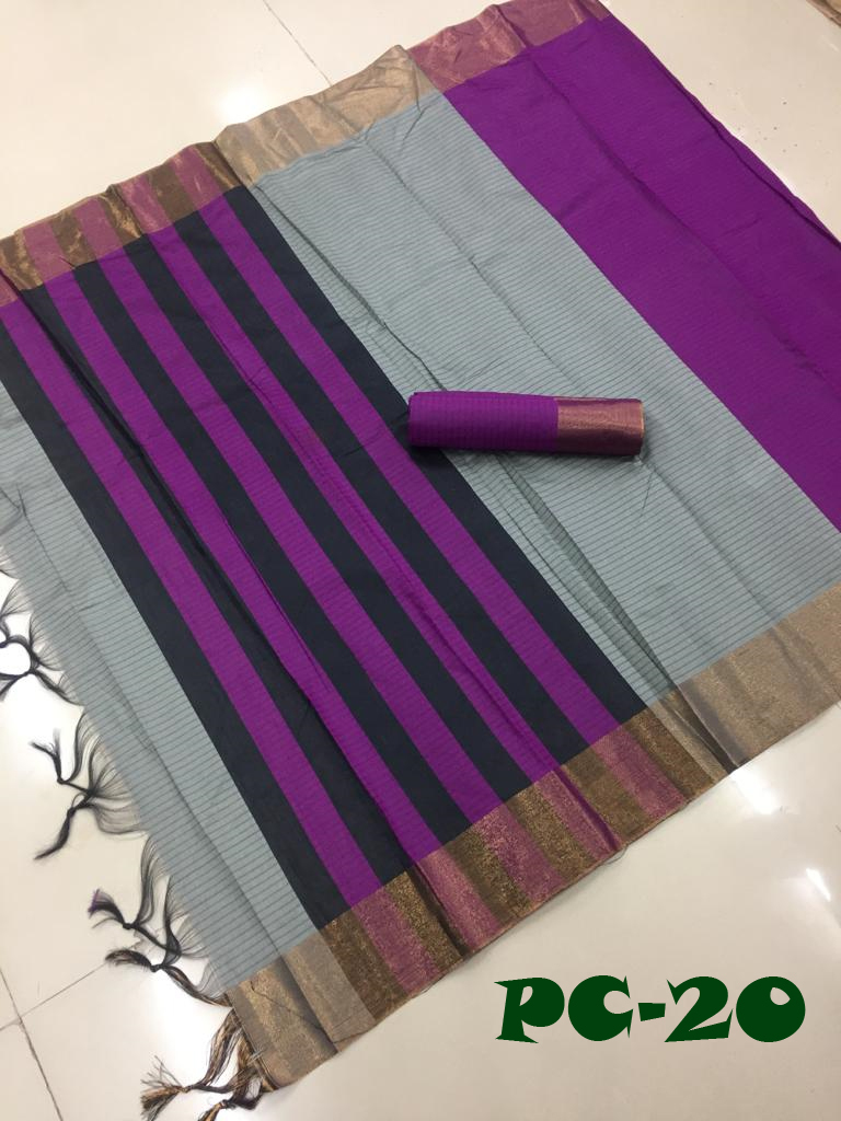 Poly Soft Cotton Saree - Medium Soft Cotton 5.5 Mtr Length Multicolour Striped Pattern Patch Work Detail Lace Closure Style