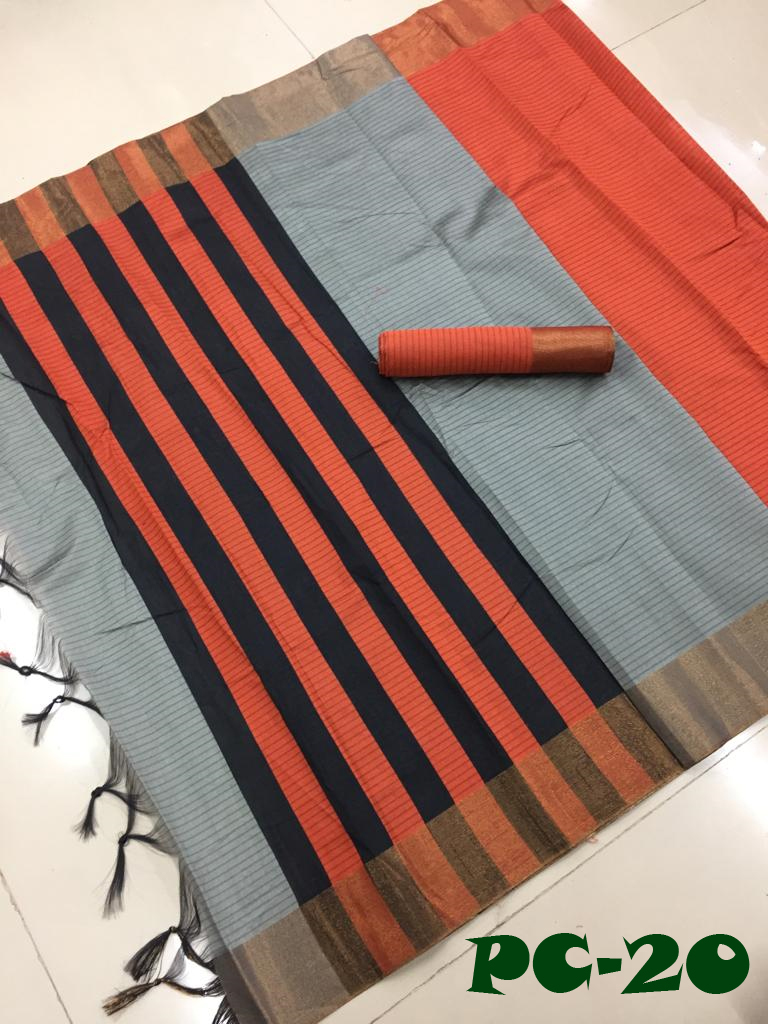 Poly Soft Cotton Saree - Medium Soft Cotton 5.5 Mtr Length Multicolour Striped Pattern Patch Work Detail Lace Closure Style