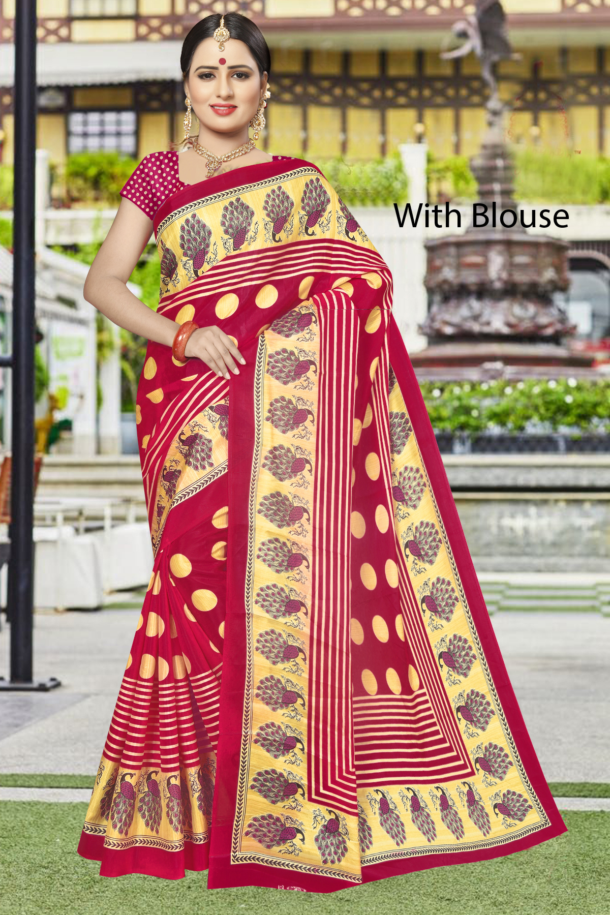 Printed Silk Saree - 5.5 Mtr Length 0.8 Mtr Blouse | Multicolour Art Silk Fabric Checked Pattern Zari Work Elegant Indian Style