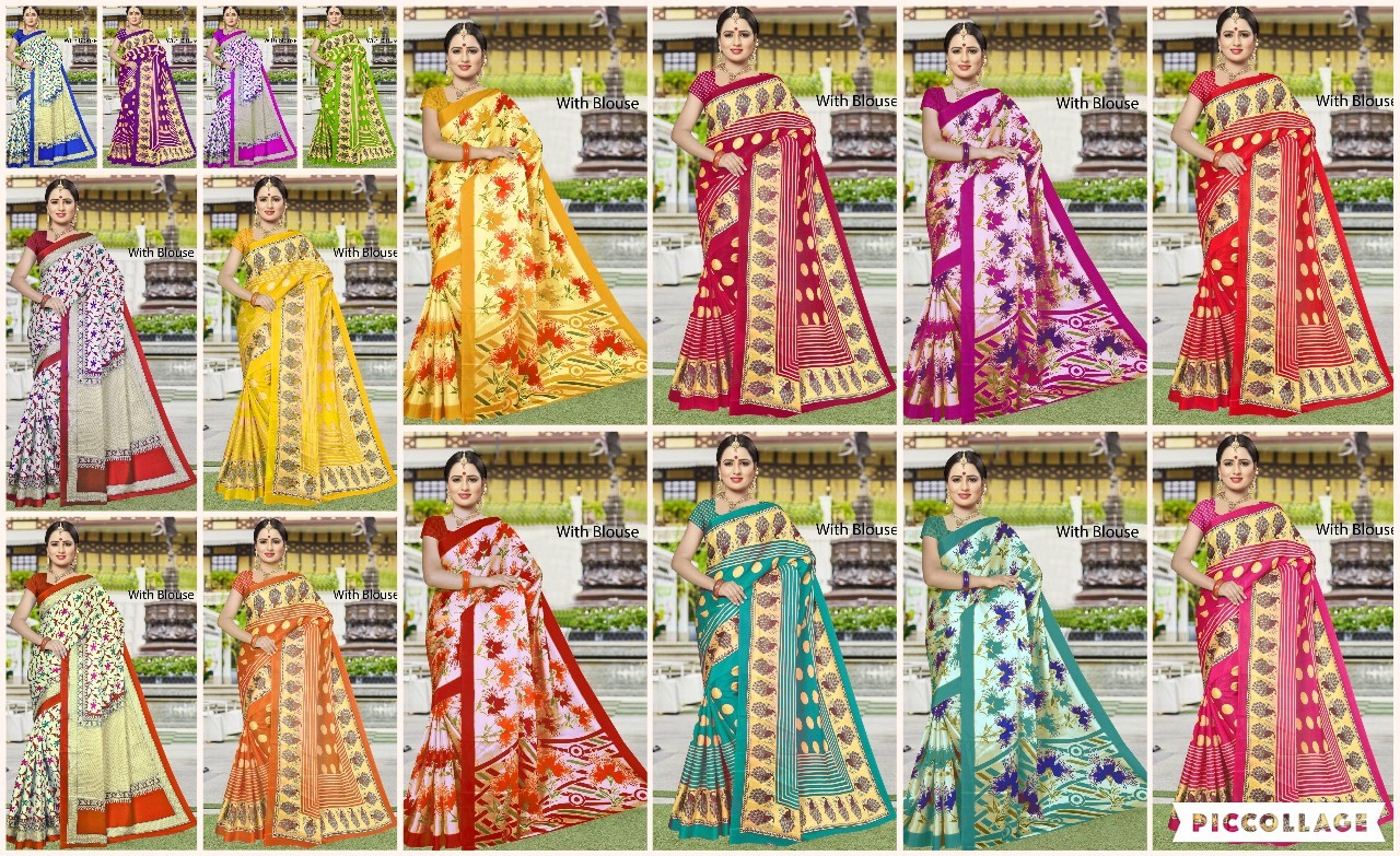 Printed Silk Saree - 5.5 Mtr Length 0.8 Mtr Blouse | Multicolour Art Silk Fabric Checked Pattern Zari Work Elegant Indian Style