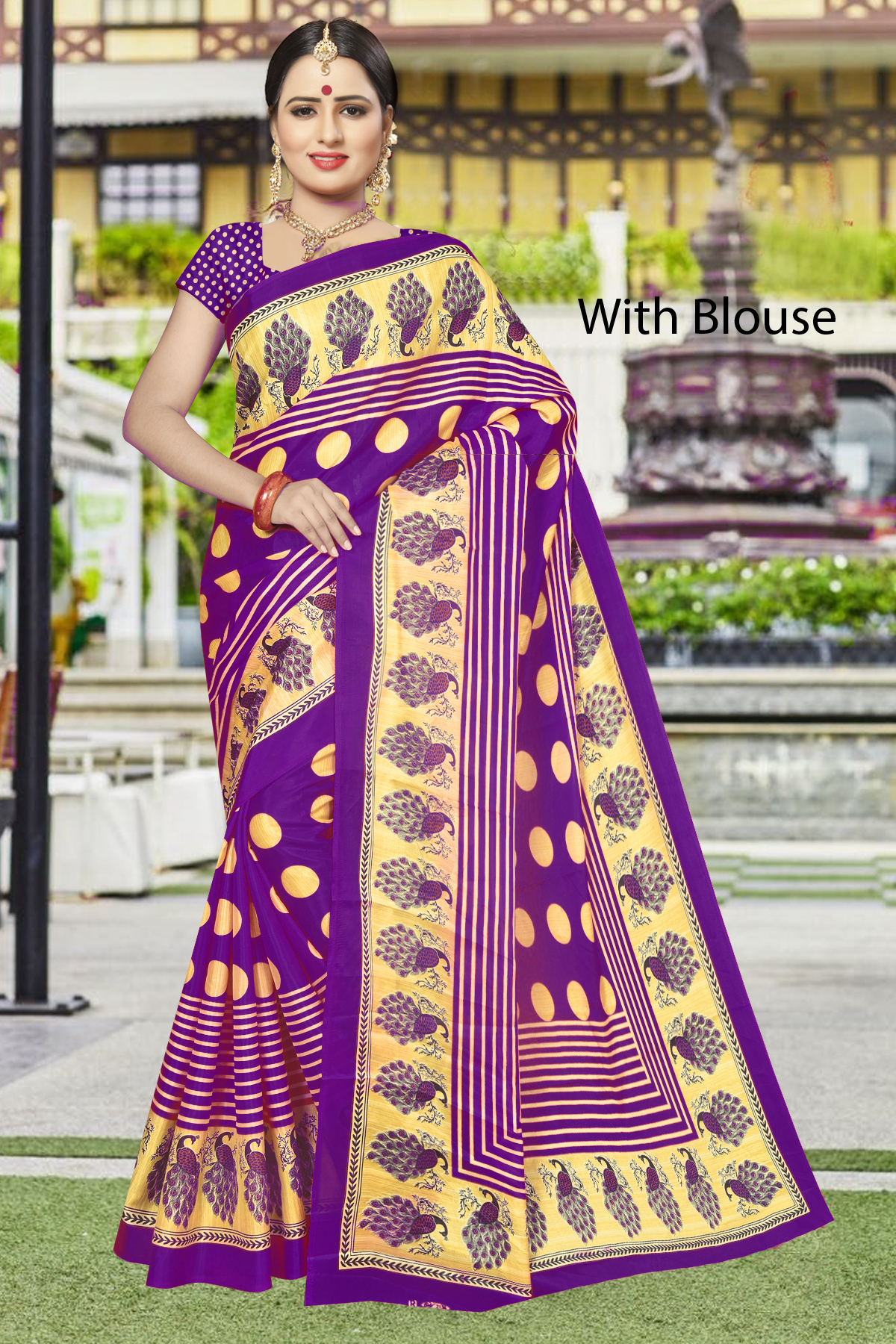 Printed Silk Saree - 5.5 Mtr Length 0.8 Mtr Blouse | Multicolour Art Silk Fabric Checked Pattern Zari Work Elegant Indian Style