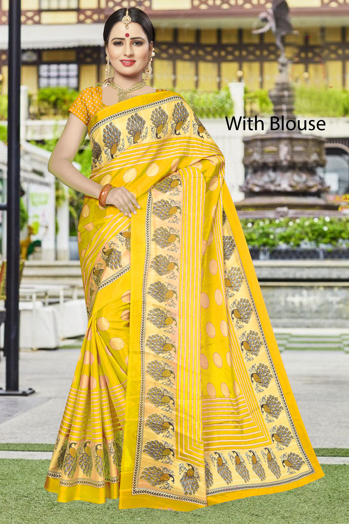 Printed Silk Saree - 5.5 Mtr Length 0.8 Mtr Blouse | Multicolour Art Silk Fabric Checked Pattern Zari Work Elegant Indian Style