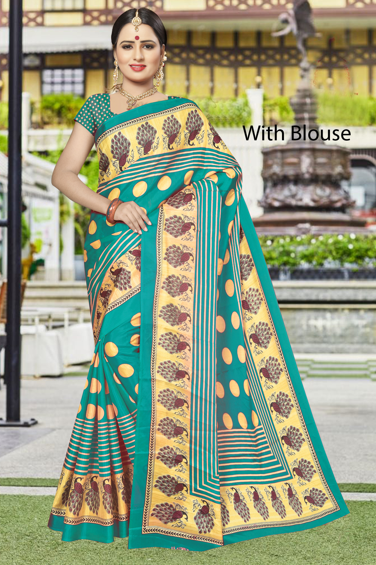 Printed Silk Saree - 5.5 Mtr Length 0.8 Mtr Blouse | Multicolour Art Silk Fabric Checked Pattern Zari Work Elegant Indian Style