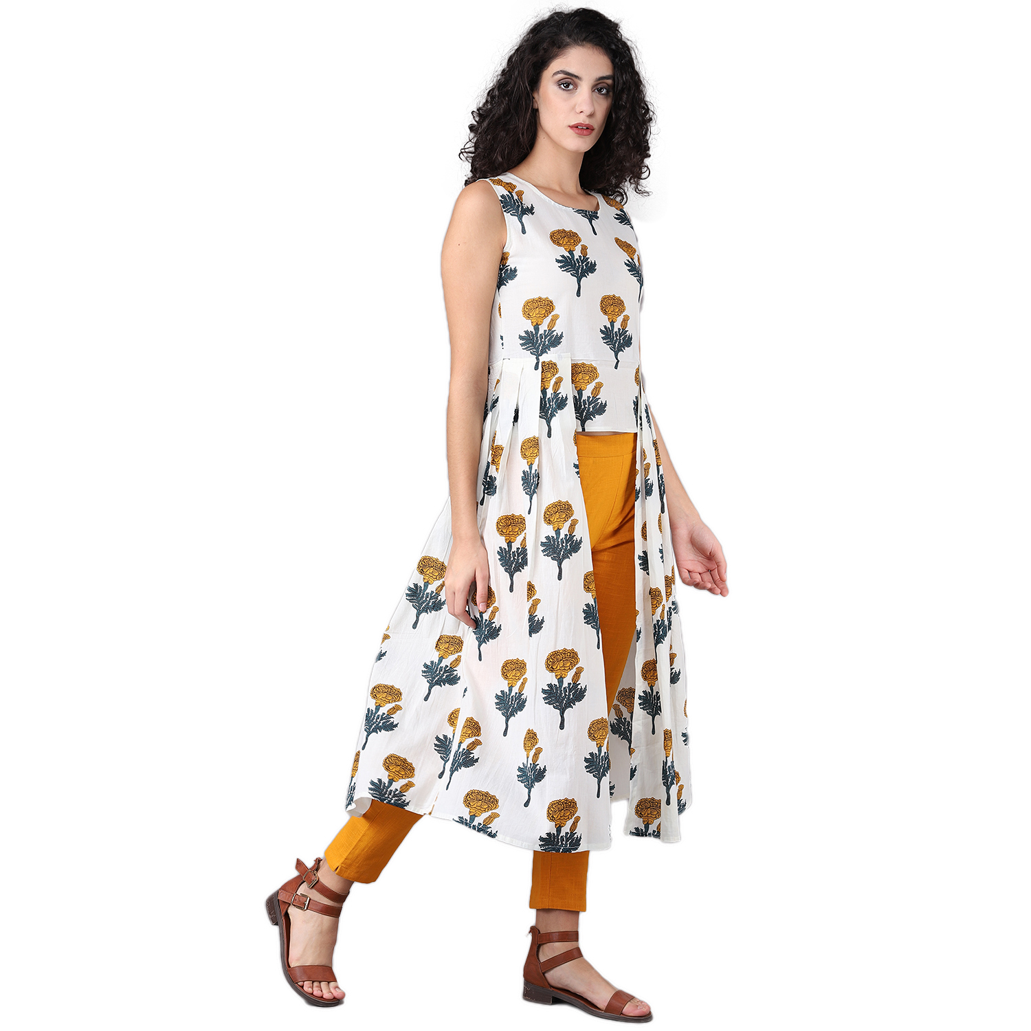 Designer Cotton Kurti With Yellow Pant - Printed, Sleeveless, White Color | Anti Uv, Breathable, Quick Dry, Color Fade Resistant