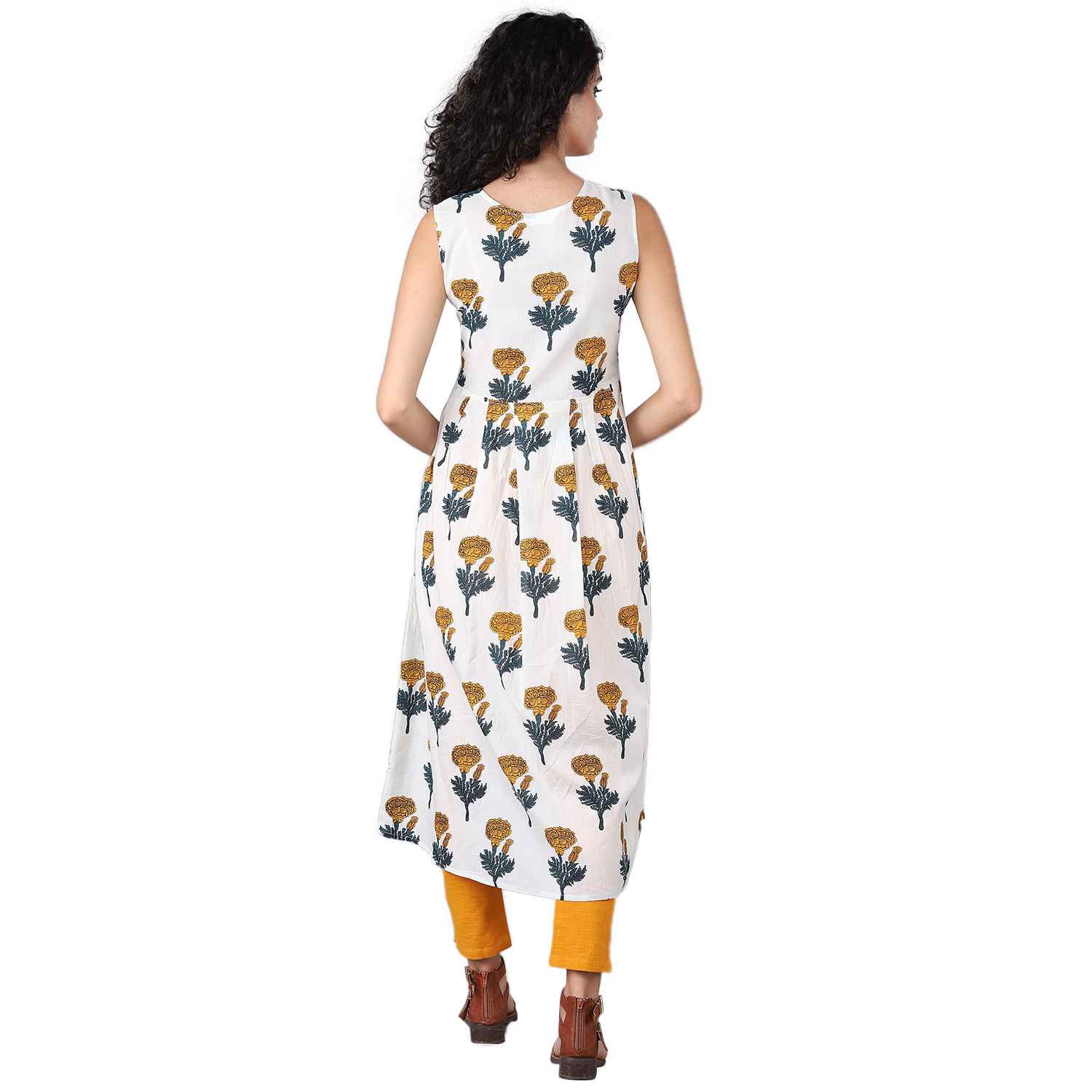 Designer Cotton Kurti With Yellow Pant - Printed, Sleeveless, White Color | Anti Uv, Breathable, Quick Dry, Color Fade Resistant