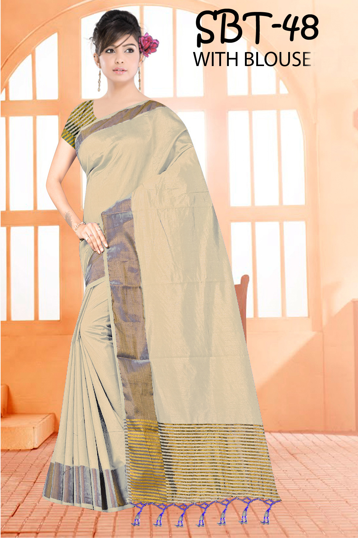 Multicolour Tussar Silk Saree With Jhalar