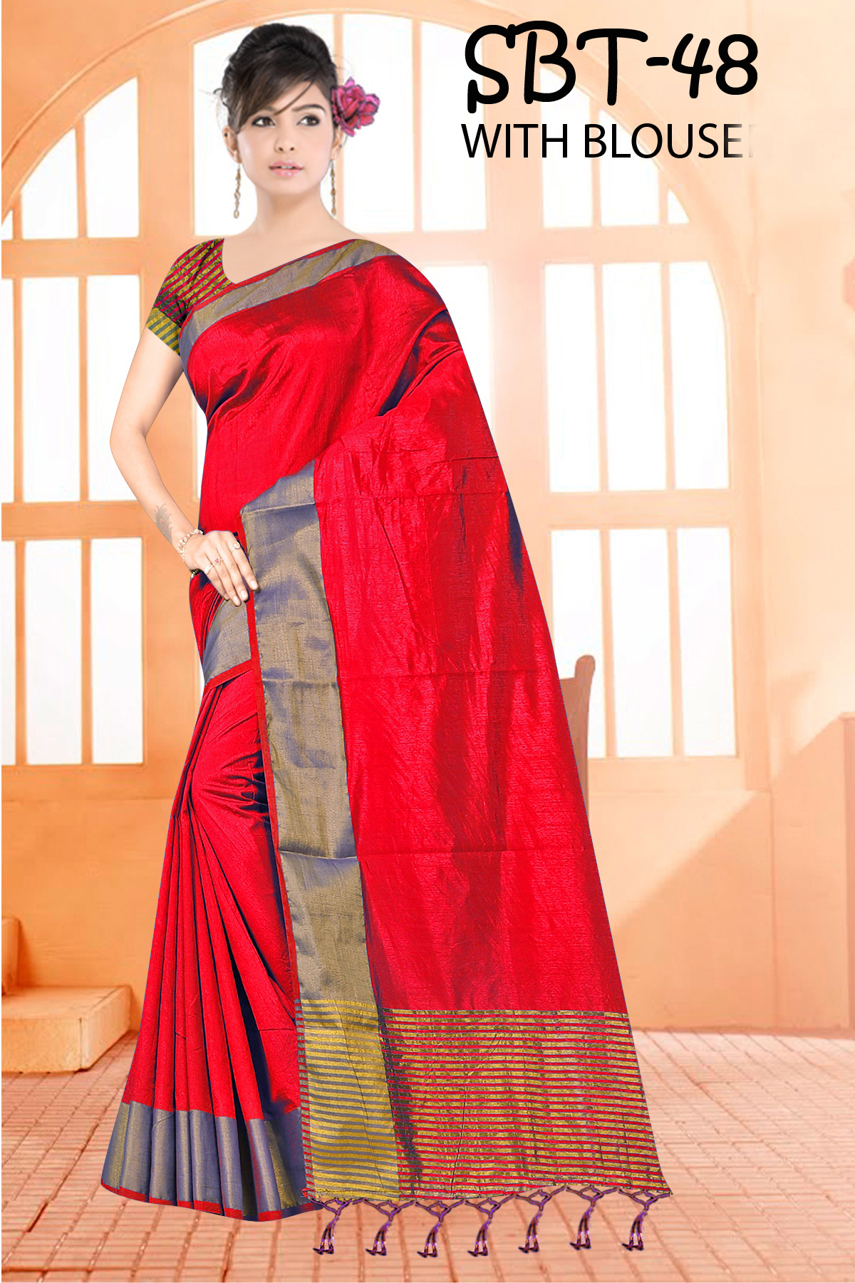 Multicolour Tussar Silk Saree With Jhalar