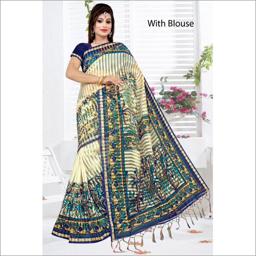 Saniya Patti Printed Saree With Jhalar - Cotton Blend, Length: 5.5 Mtr, Blouse Length: 0.8 Mtr | Features: Zari Work, Multicolour Checked Pattern, Beaded Closure