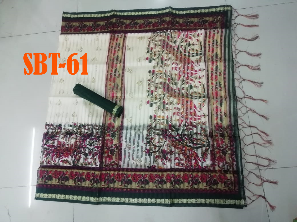 Saniya Patti Printed Saree With Jhalar - Cotton Blend, Length: 5.5 Mtr, Blouse Length: 0.8 Mtr | Features: Zari Work, Multicolour Checked Pattern, Beaded Closure