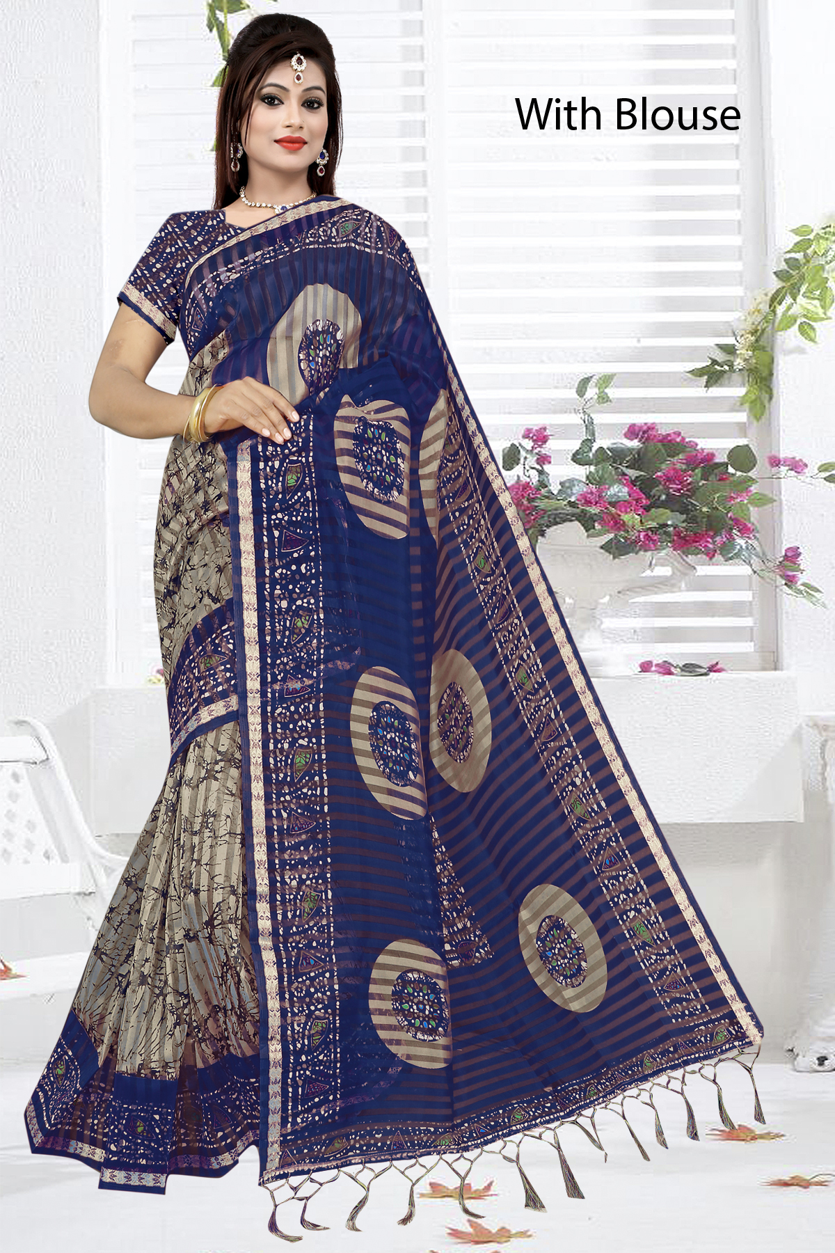 Saniya Patti Printed Saree With Jhalar - Cotton Blend, 5.5 Mtr Length, Multi-color Checked Design, Lace Closure, Intricate Sequin Work