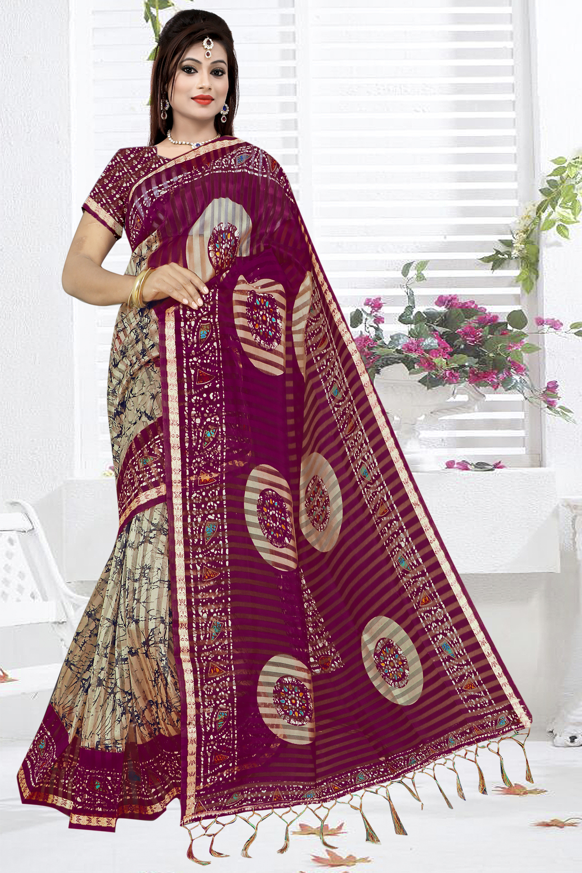 Saniya Patti Printed Saree With Jhalar - Cotton Blend, 5.5 Mtr Length, Multi-color Checked Design, Lace Closure, Intricate Sequin Work