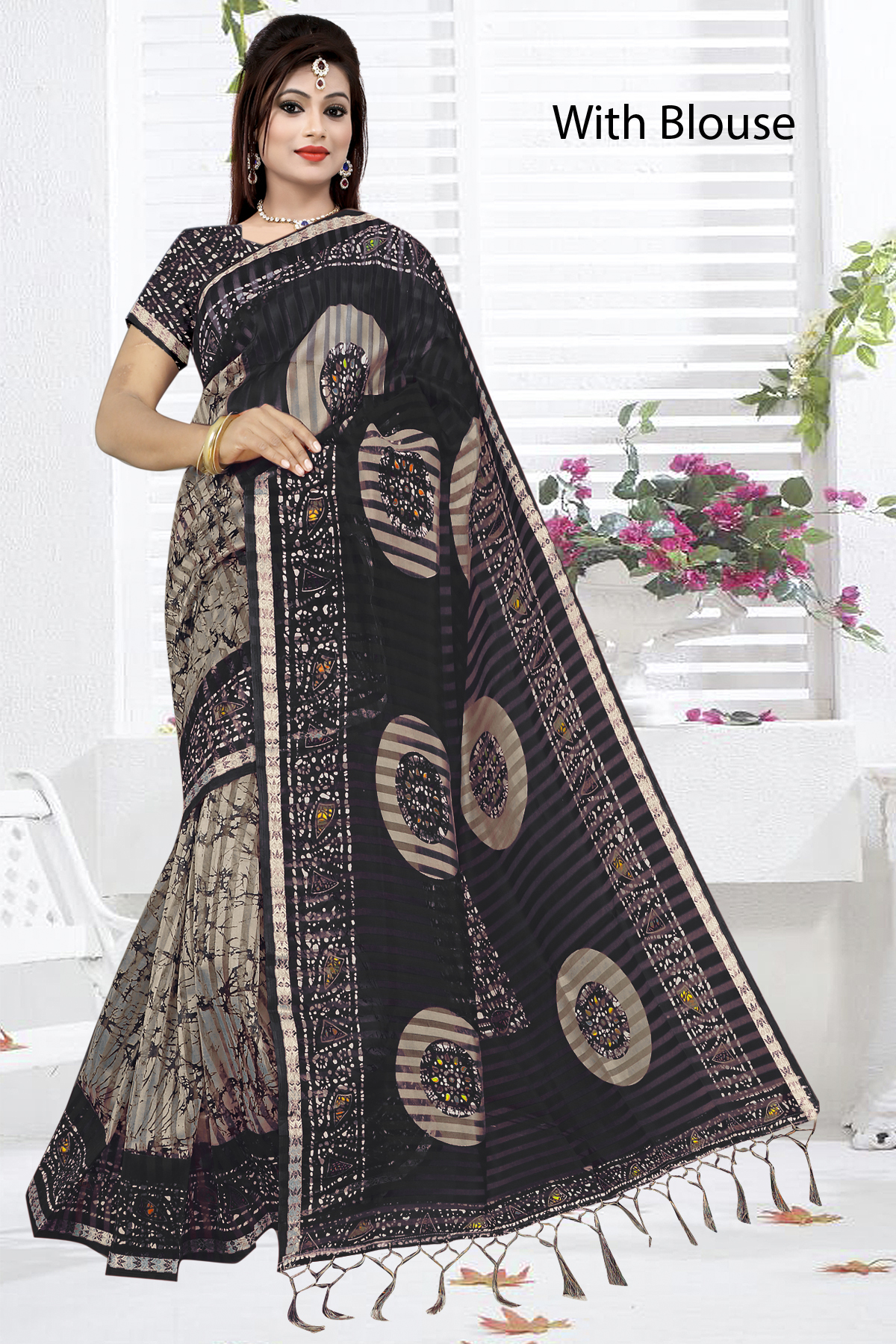 Saniya Patti Printed Saree With Jhalar - Cotton Blend, 5.5 Mtr Length, Multi-color Checked Design, Lace Closure, Intricate Sequin Work