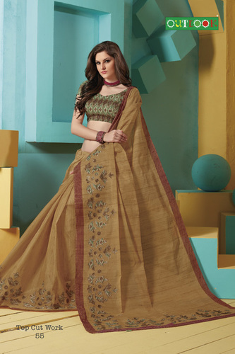 Brown Cotton Designer Saree