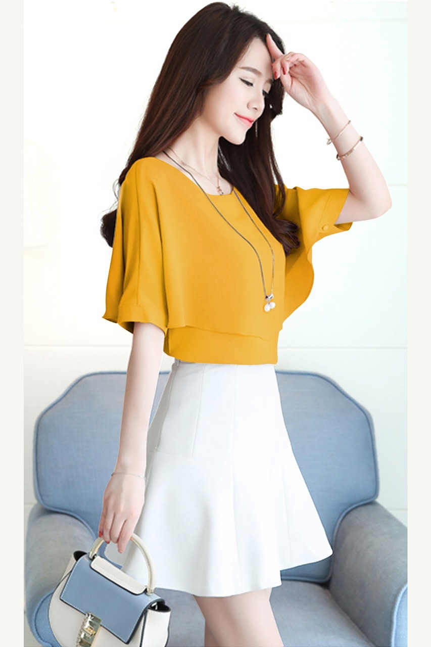 Designer Top - Crepe, Size M/l/s/xl, Yellow Color , Sleeveless, Washable, Modern Pattern For Trendy College Girls