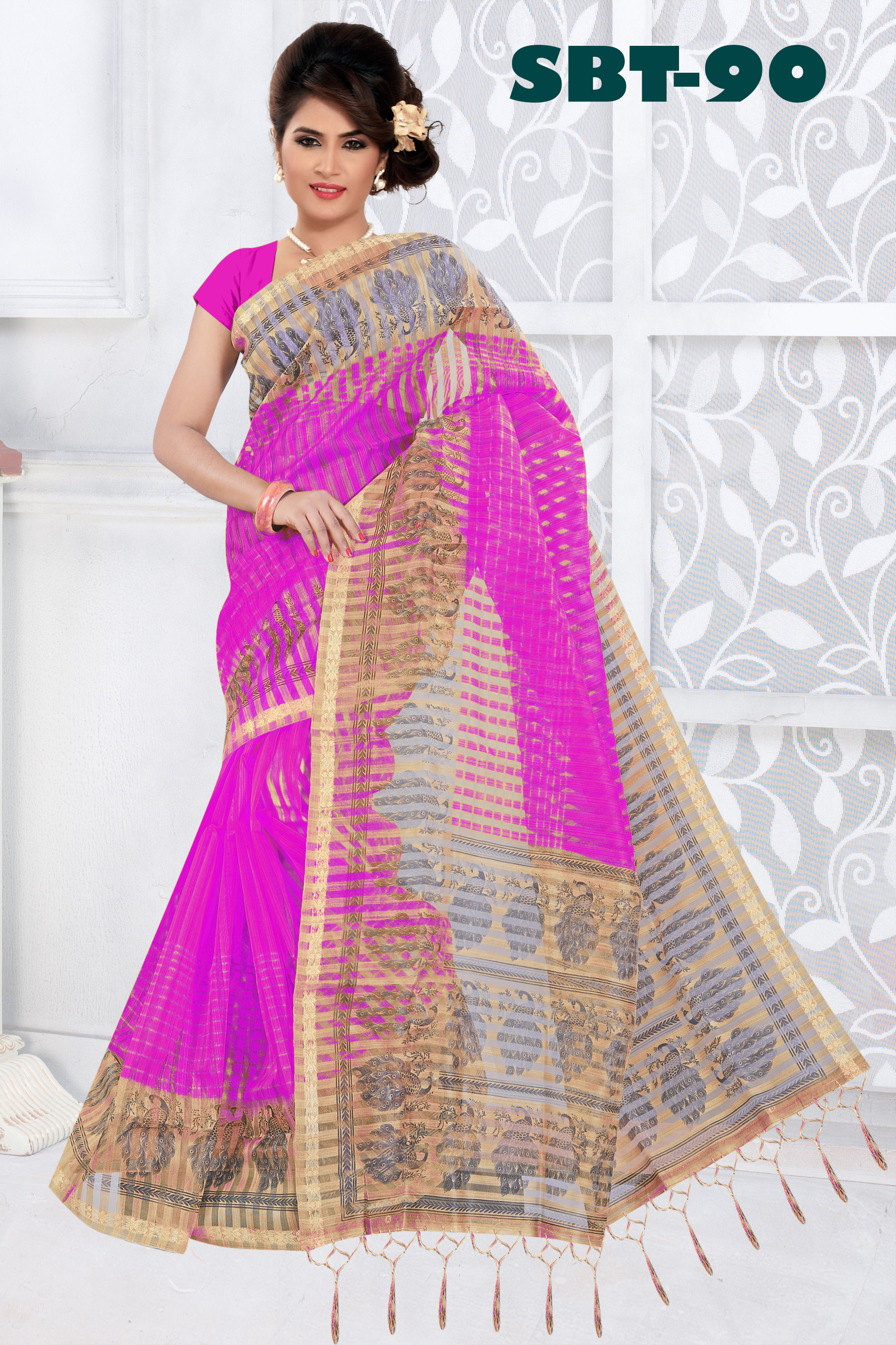 Saniya Patti Printed Saree With Jhalar - Cotton Silk, 5.5 Mtr Length, Multicolour | Striped Pattern, Sequin Work, Lace Closure