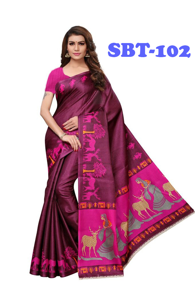 Beautiful Deer & Women's Printed Saree - Art Silk, Length 5.5 Mtr, Blouse Length 0.8 Mtr | Multicolor, Patch Work, Other Indian Style