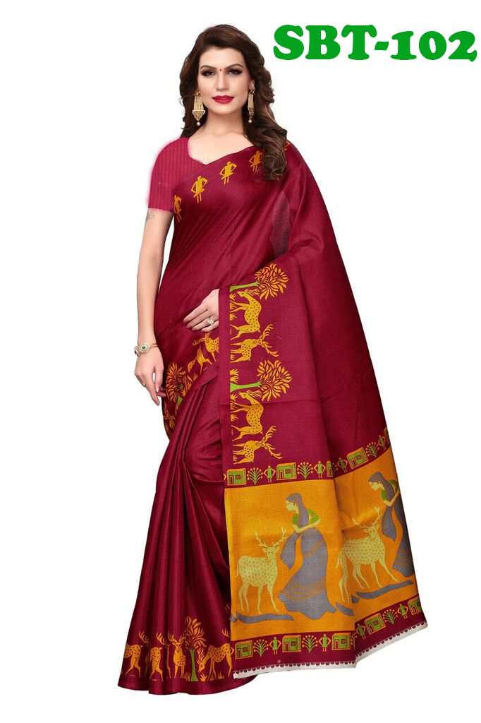 Beautiful Deer & Women's Printed Saree - Art Silk, Length 5.5 Mtr, Blouse Length 0.8 Mtr | Multicolor, Patch Work, Other Indian Style