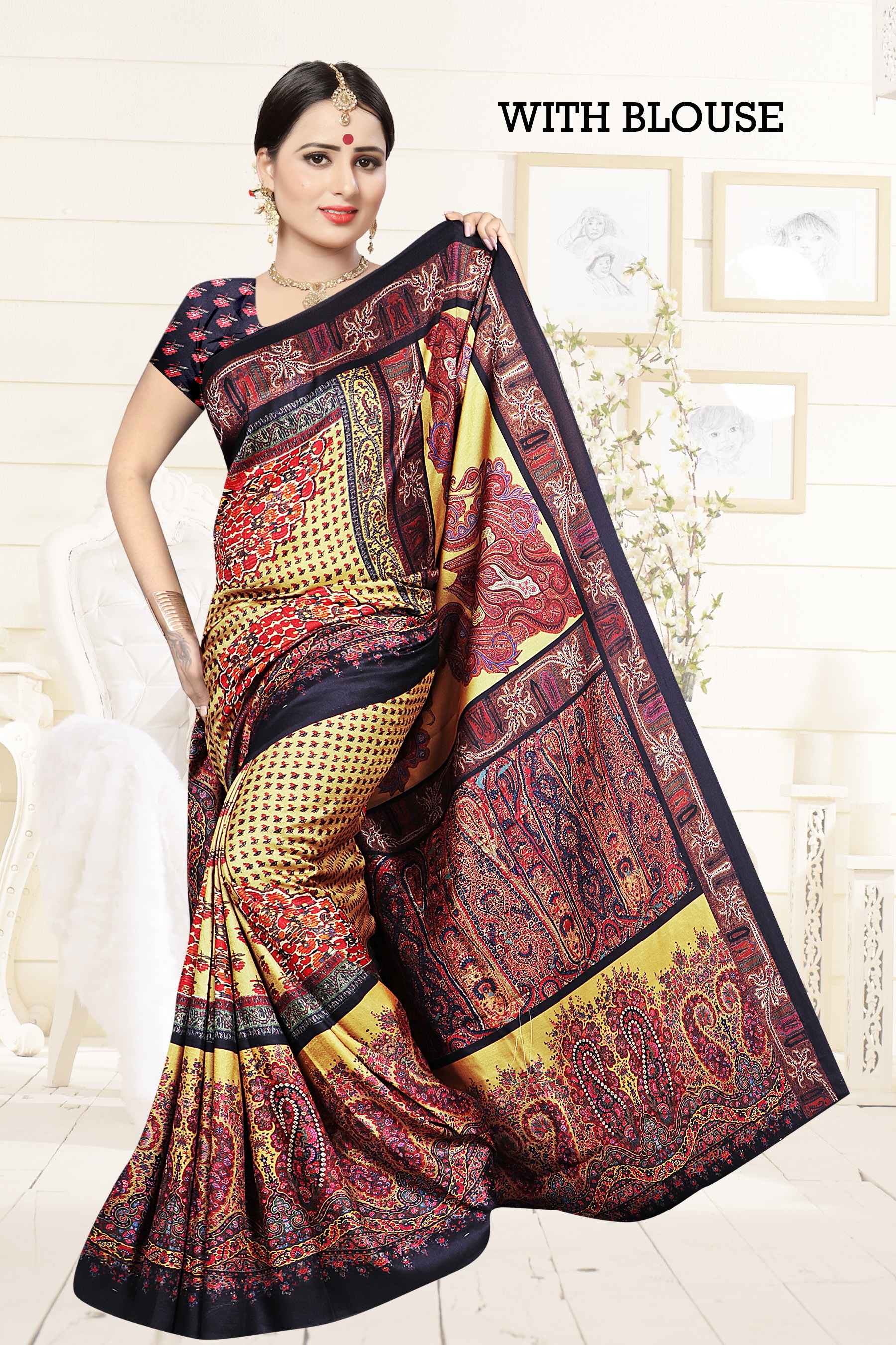 Multicolor Digital Printed Pashmina Silk Saree