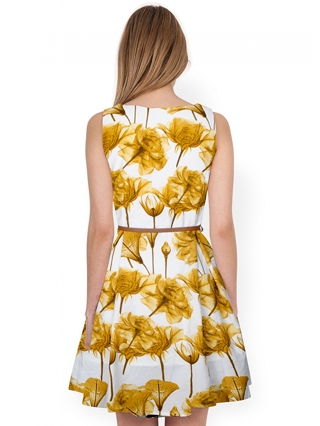 Printed Western Dress - Crepe Material, Sleeveless, 37-39 Inch Length, Available Sizes S-xxl, Yellow Color With Printed Pattern, Washable, No Fade
