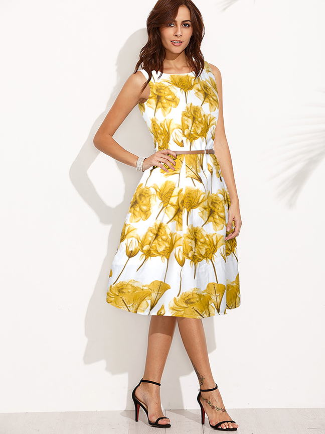 Printed Western Dress - Crepe Material, Sleeveless, 37-39 Inch Length, Available Sizes S-xxl, Yellow Color With Printed Pattern, Washable, No Fade