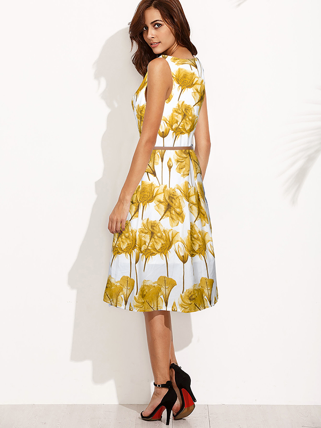 Printed Western Dress - Crepe Material, Sleeveless, 37-39 Inch Length, Available Sizes S-xxl, Yellow Color With Printed Pattern, Washable, No Fade