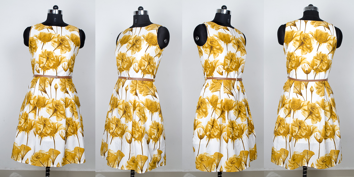 Printed Western Dress - Crepe Material, Sleeveless, 37-39 Inch Length, Available Sizes S-xxl, Yellow Color With Printed Pattern, Washable, No Fade