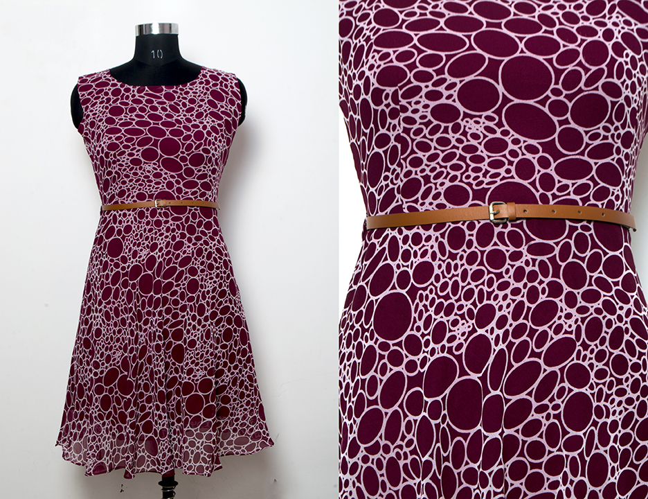 Women Western Dresses - Georgette, 38-39 Inch Length | Wine Color, Casual Dress, Sleeveless, Printed Pattern, All Season Wear