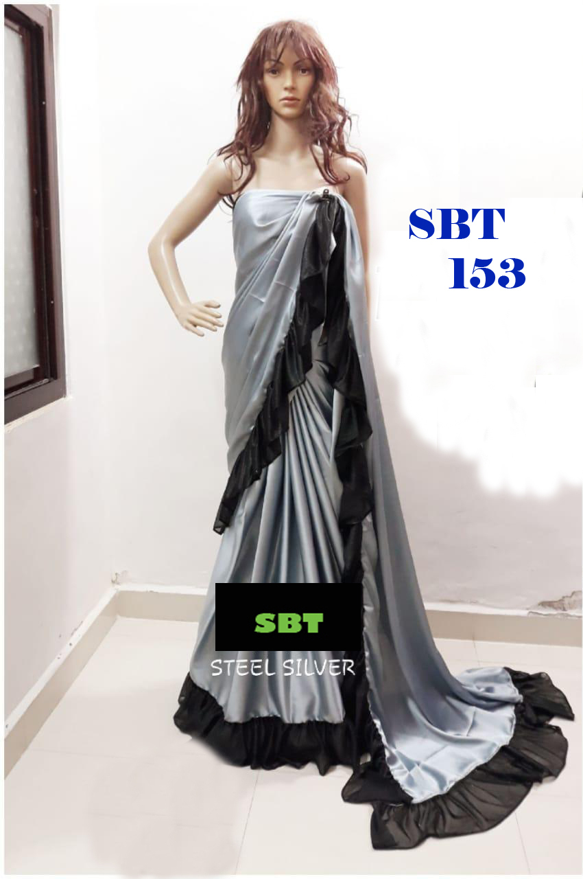 Plain Japan Satin With Lycra Lace Border Saree - 5.5 Mtr Length, 0.8 Mtr Blouse | Multicolour, Patch Work, Plain Style, Quality Satin Fabric