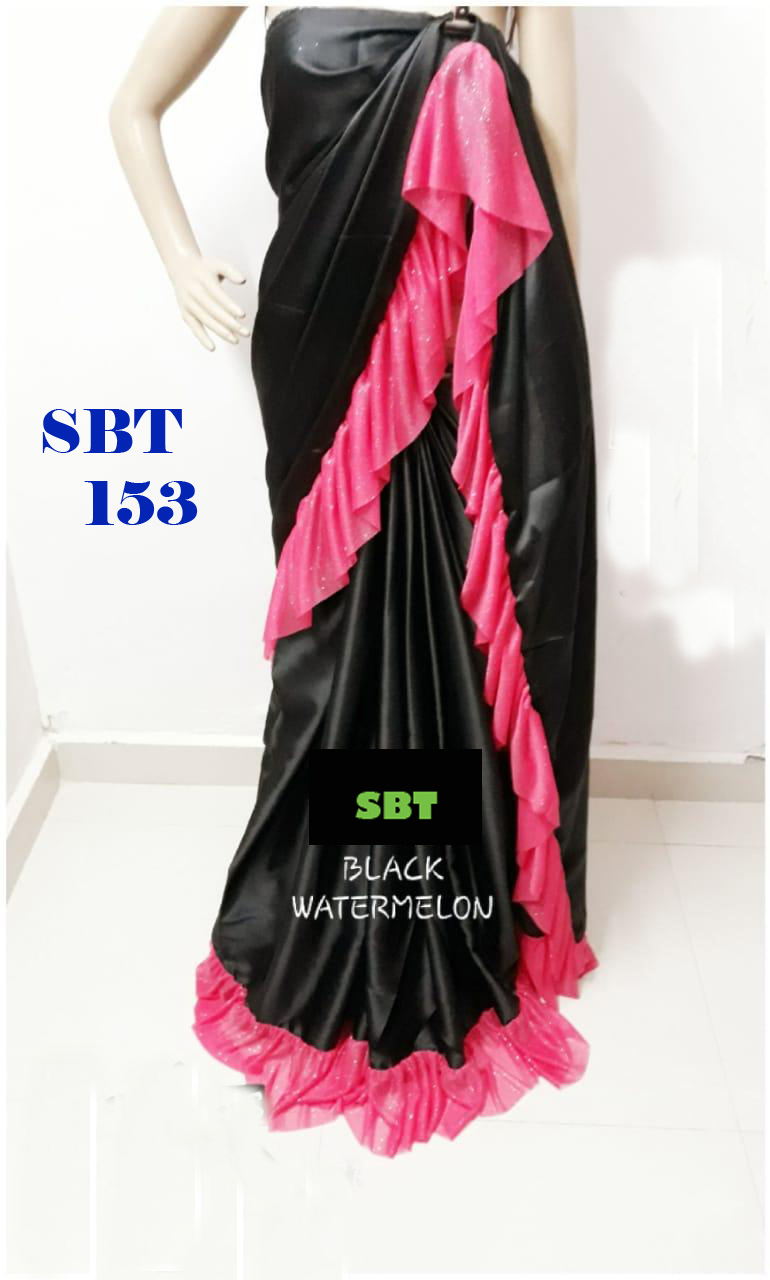 Plain Japan Satin With Lycra Lace Border Saree - 5.5 Mtr Length, 0.8 Mtr Blouse | Multicolour, Patch Work, Plain Style, Quality Satin Fabric
