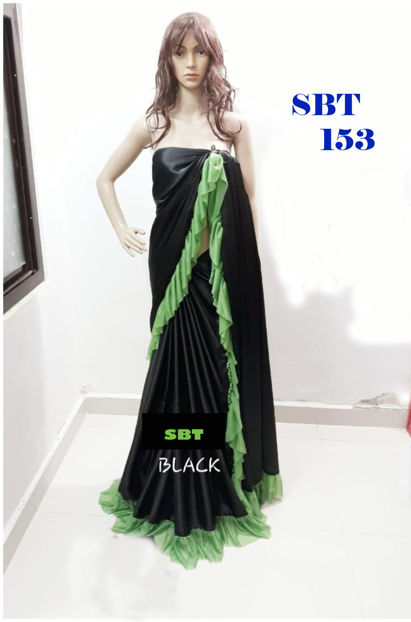 Plain Japan Satin With Lycra Lace Border Saree - 5.5 Mtr Length, 0.8 Mtr Blouse | Multicolour, Patch Work, Plain Style, Quality Satin Fabric