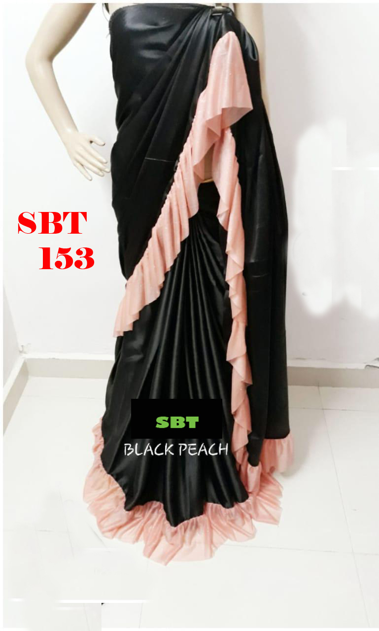 Plain Japan Satin With Lycra Lace Border Saree - 5.5 Mtr Length, 0.8 Mtr Blouse | Multicolour, Patch Work, Plain Style, Quality Satin Fabric