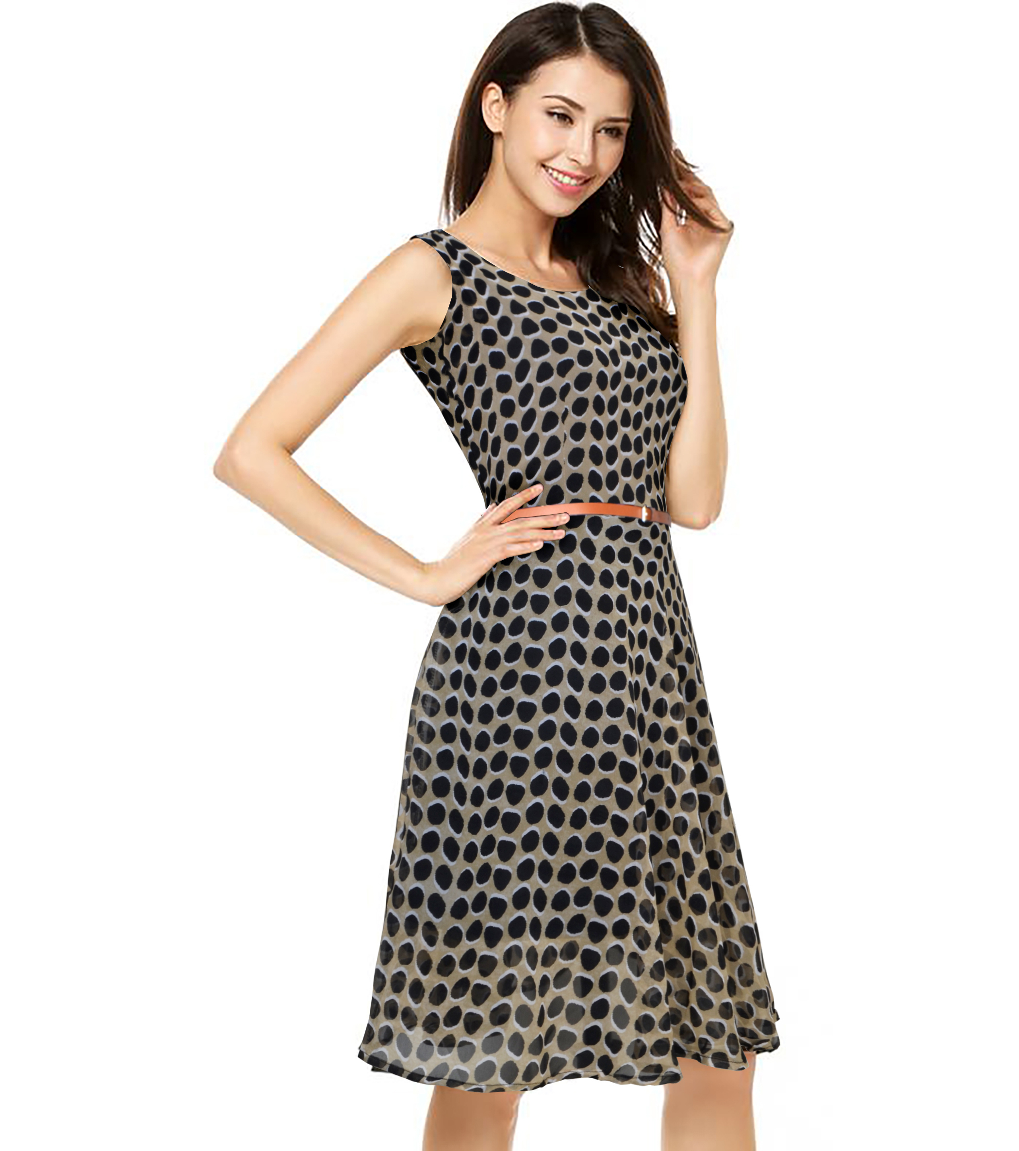 Western Wear Dress - Georgette, 36 Inch Length, Sleeveless, Chiku Color | Printed Pattern, Washable, Non-fading, Ideal For All Seasons