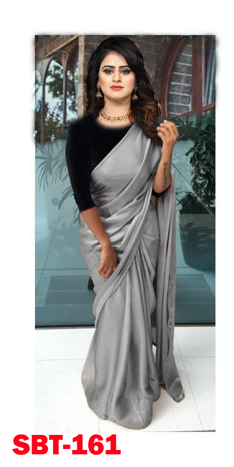 Plain Satin Saree - Satin, 5.5 Mtr Length, 0.8 Mtr Blouse | Multicolour, Striped Pattern, Zari Work, Lace Closure, Other Indian Style
