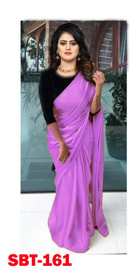 Plain Satin Saree - Satin, 5.5 Mtr Length, 0.8 Mtr Blouse | Multicolour, Striped Pattern, Zari Work, Lace Closure, Other Indian Style