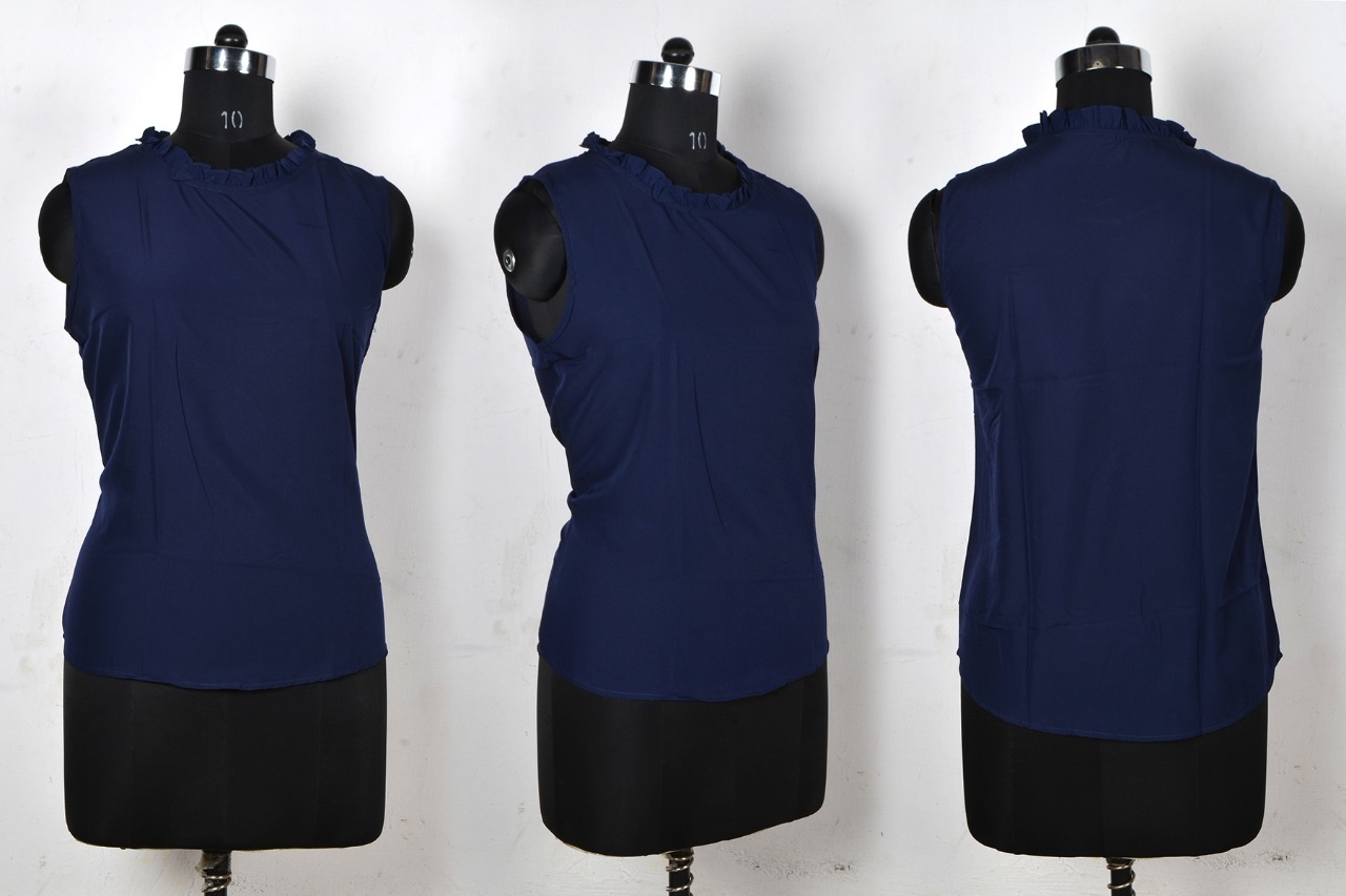 Top - Crepe Material, Sizes S, M, L, Xl, Blue Color, Casual Style, Sleeveless Design | Soft, Washable, Long-lasting, Plain Pattern