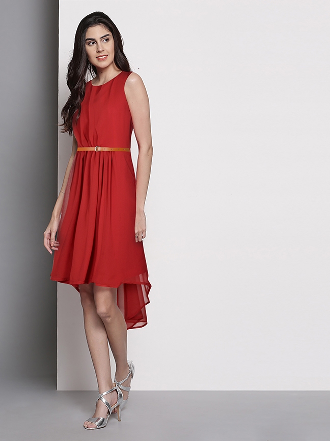 Ladies Clothes Online - Georgette, S-xxl, Maroon Color, Front-33/back-44 Length, Sleeveless Plain Indian Style Dress, No Fade & Washable