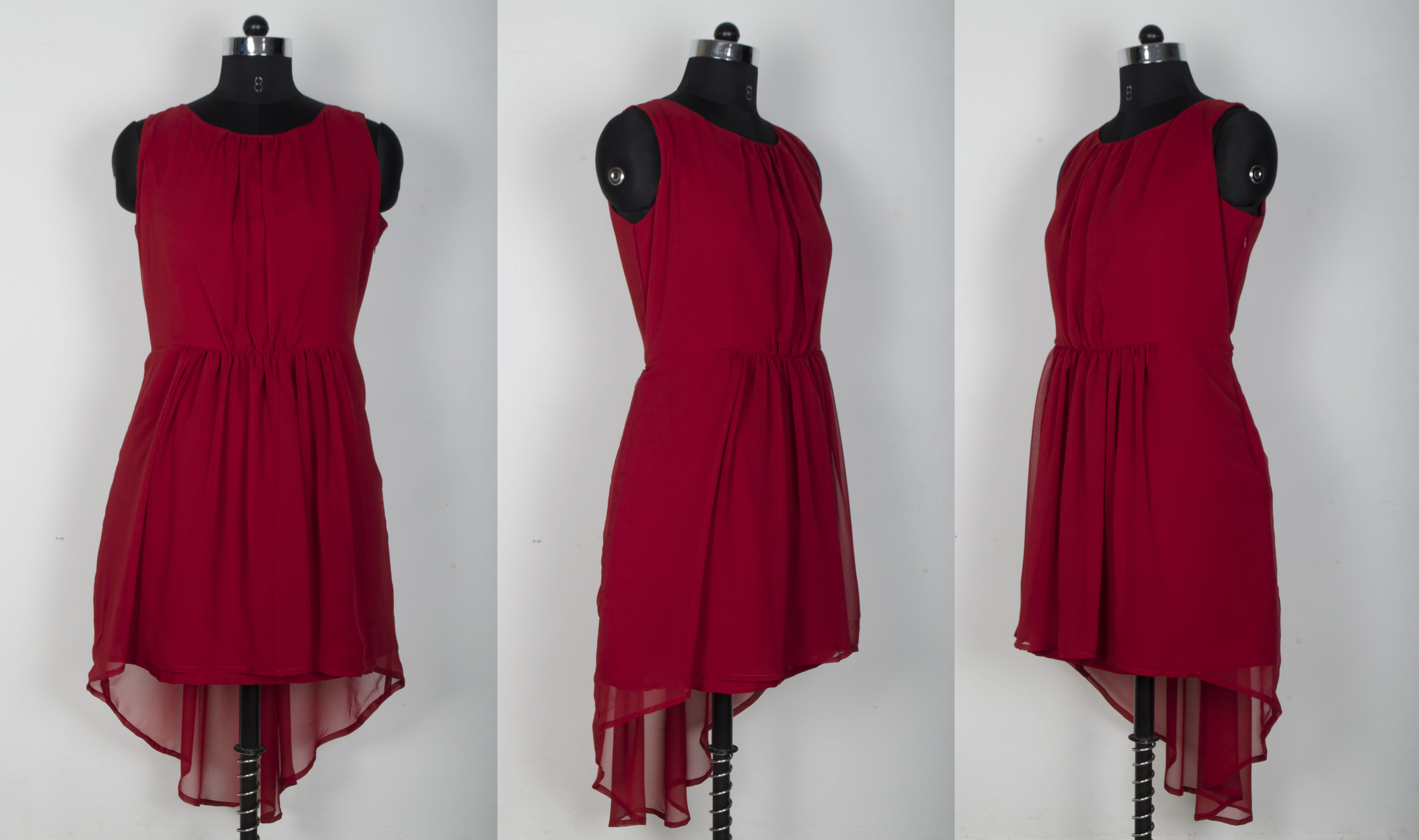 Ladies Clothes Online - Georgette, S-xxl, Maroon Color, Front-33/back-44 Length, Sleeveless Plain Indian Style Dress, No Fade & Washable