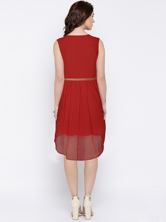 Ladies Clothes Online - Georgette, S-xxl, Maroon Color, Front-33/back-44 Length, Sleeveless Plain Indian Style Dress, No Fade & Washable
