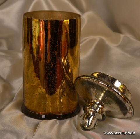 गोल्डन लॉन्ग पिलर शेप सिल्वर ग्लास जार