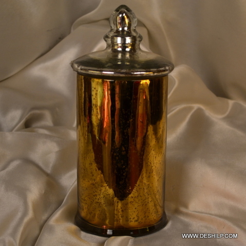 Golden Long Pillar Shape Silver Glass Jar