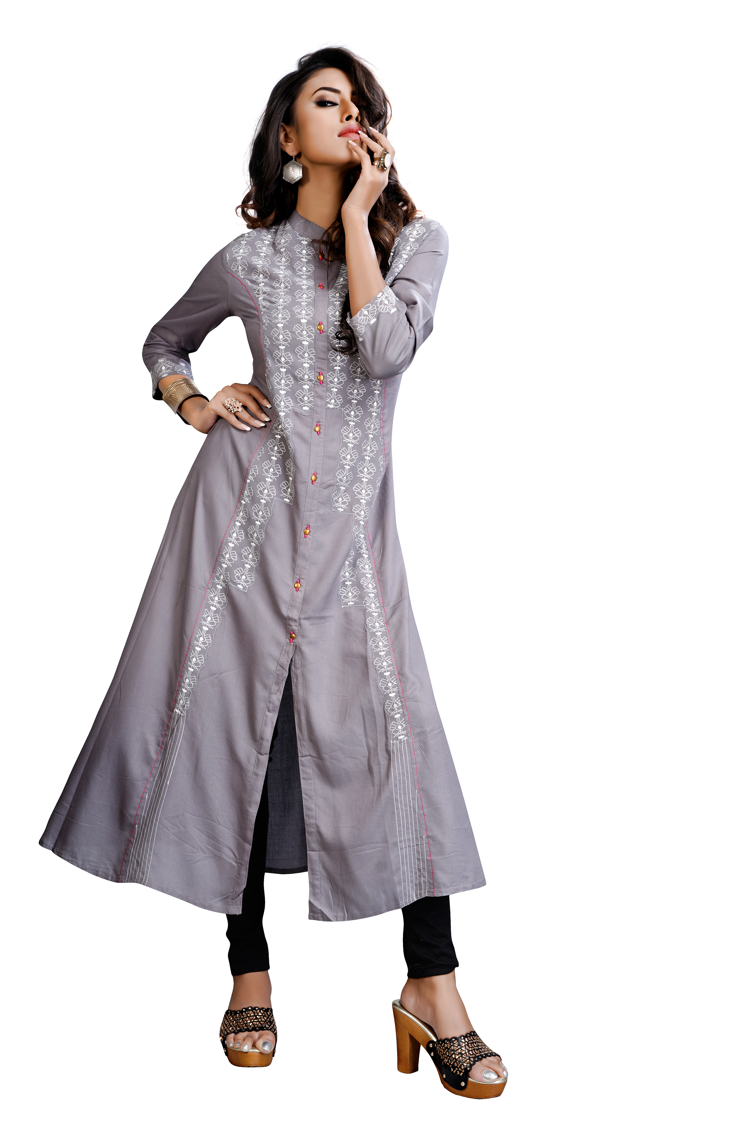 Cotton Kurti - 3/4th Sleeve, Grey With Latest Embroidery Design | Modern Style For Girls